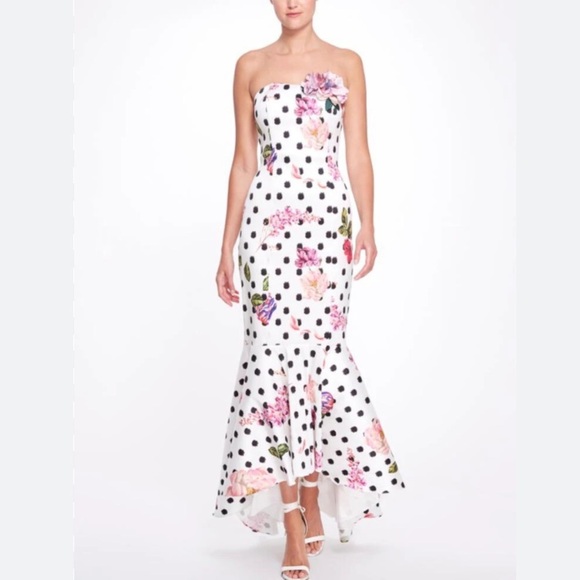 Marchesa Notte Strapless Black Polka Dot Gown Pink Floral - Picture 11 of 16